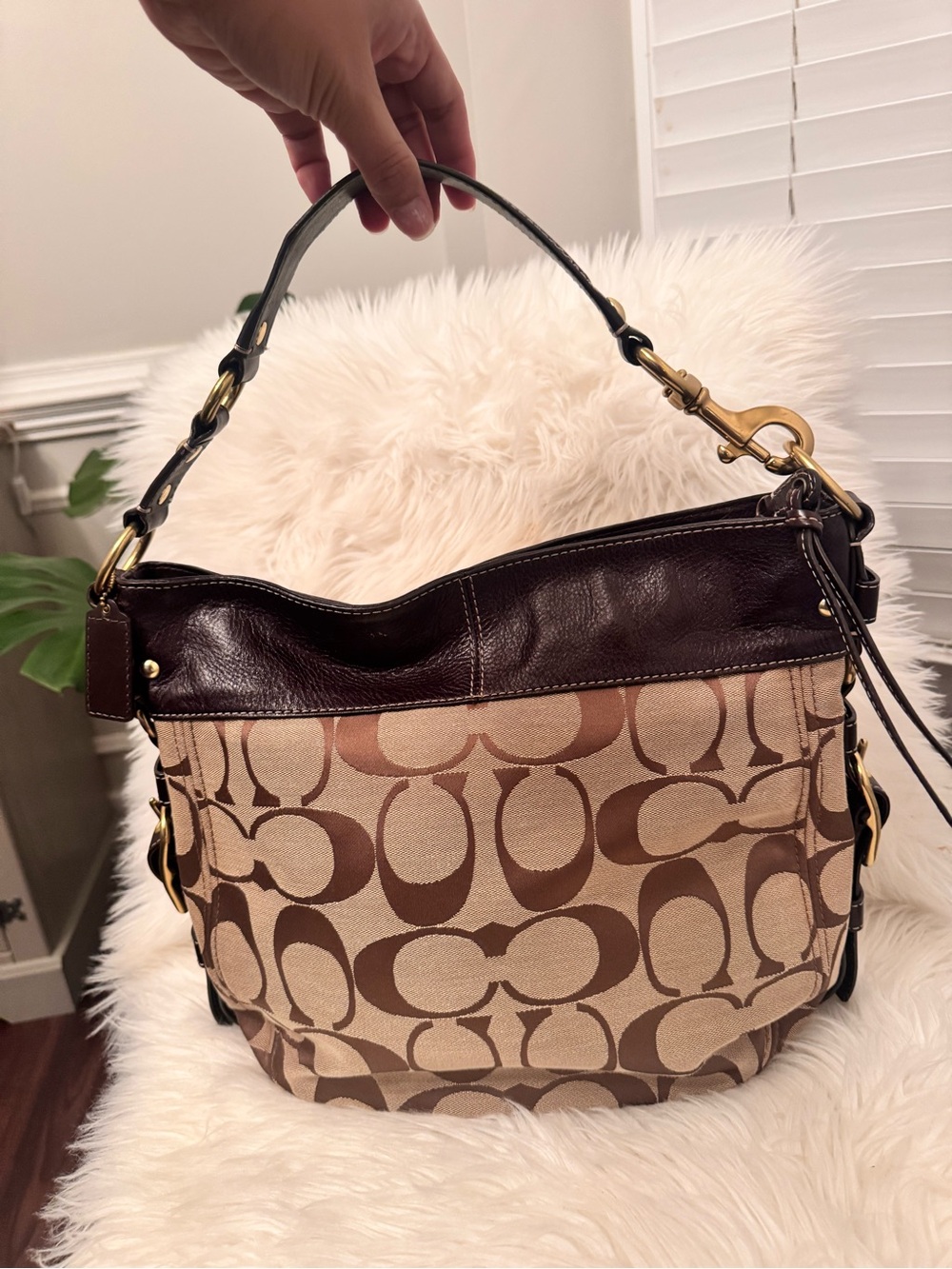 Coach Brown Signature Canvas Shoulder Hobo with Dark Brown Leather Trim